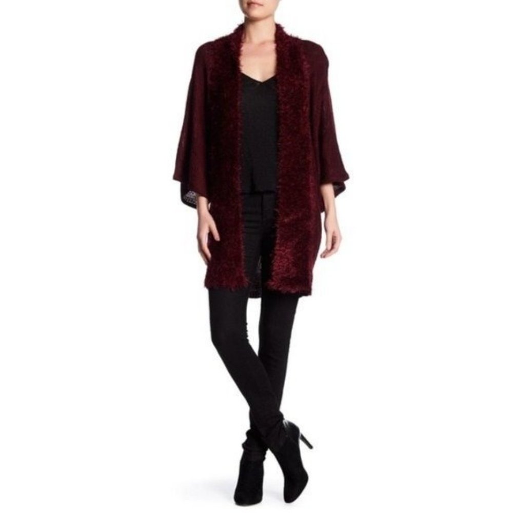 VERTIGO Fuzzy Eyelash Knit Open Front Cardigan Duster Burgundy Size S NWT